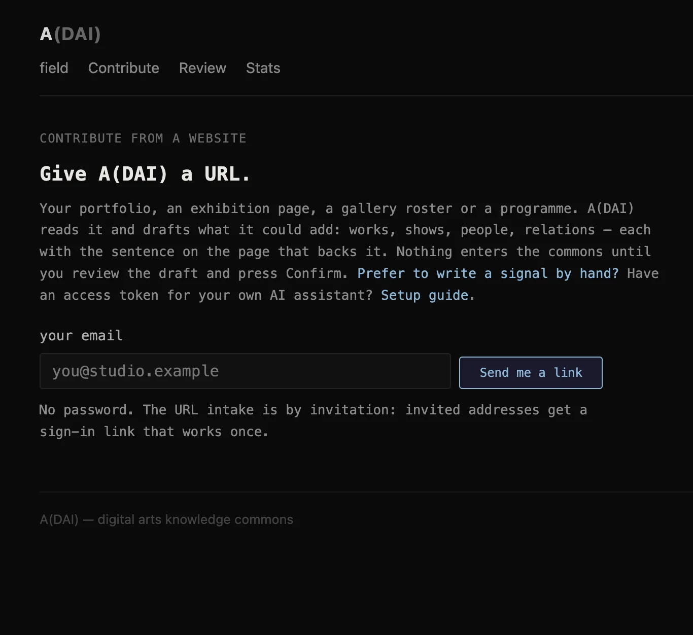 Two ways to contribute: through the adai-contribute skill or website intake. Both lead from proposed additions to contributor approval, submission, and a contribution receipt. (adai-contribute skill)
